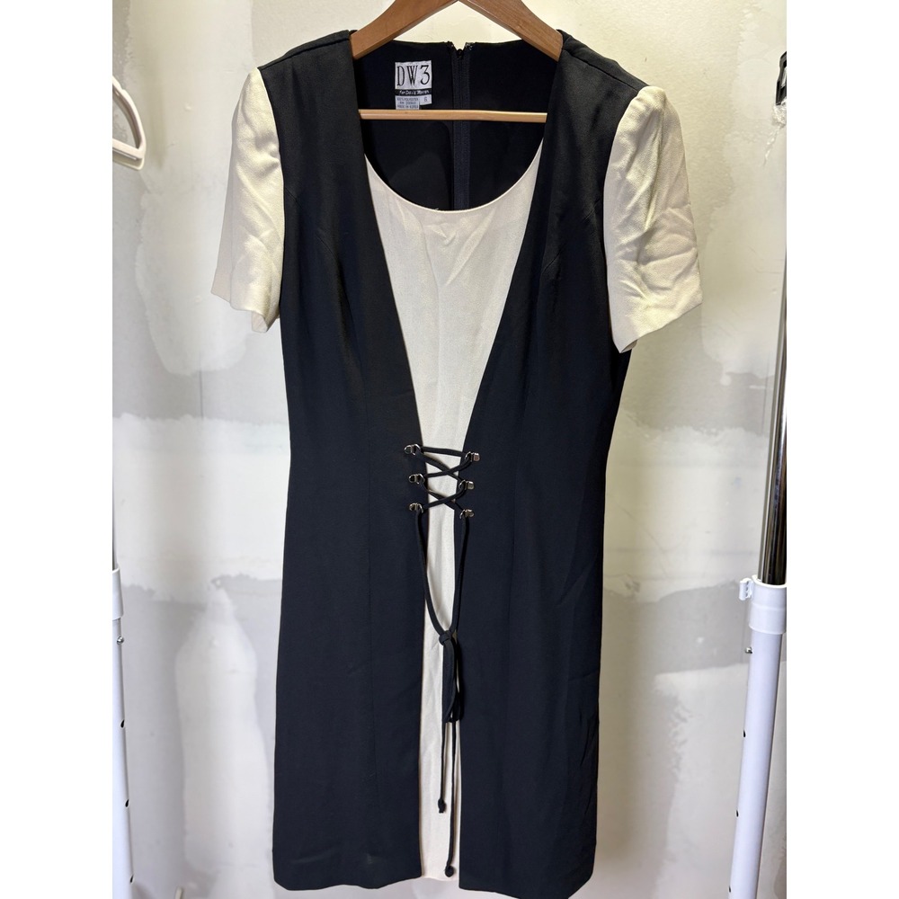DW3 David Warren Vintage 90s Colorblock Lace Up Front Dress Black Cream Womens 6